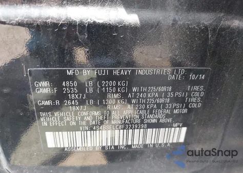 2015 Subaru Outback 3.6R Limited z USA, uszkodzony, nr VIN 4S4BSELC8F3239398